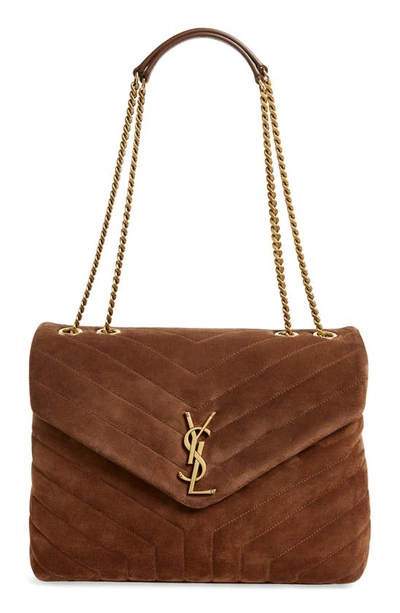 Saint Laurent Loulou Medium Ysl Monogram Suede Flap Shoulder Bag In Brown