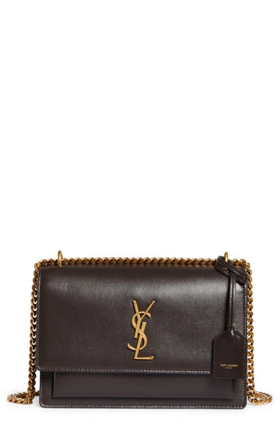 Saint Laurent Sunset Medium Ysl Crossbody Bag In Smooth Leather In Dark Chocolate