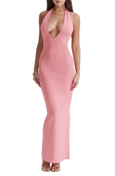 House Of Cb Camelia Plunge Halter Neck Rib Maxi Dress In Pink