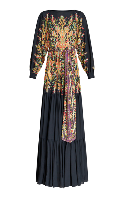 Etro Belted Printed-crepe Maxi Dress In Black