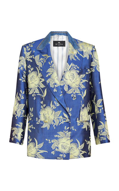 Etro Denim-trimmed Floral-satin Blazer In Blue