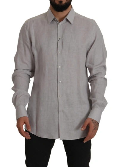 Dolce & Gabbana Grey Linen Long Sleeves Formal Gold Shirt