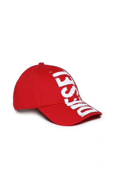 Diesel Kids' Gabardine Baseball Cap With Watercolor Effect Logo In Red