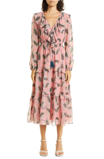 Saloni All-over Feather Print Dress In Pink