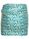 VERSACE LIGHT BLUE DRAPED MINI SKIRT WITH ALL-OVER LOGO LETTERING AND MEDUA BUCKLE IN STRETCH POLYAMIDE WOMA