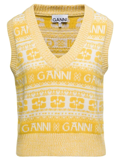 Ganni Yellow Vest With Jacquard Logo Motif In Wool Blend Woman In Brown