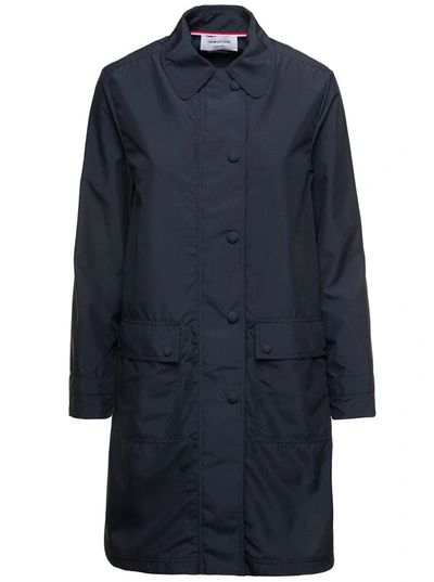 THOM BROWNE BLUE SINGLE-BREASTED TRENCH COAT WITH ROUND COLLAR IN RIPSTOP WOMAN
