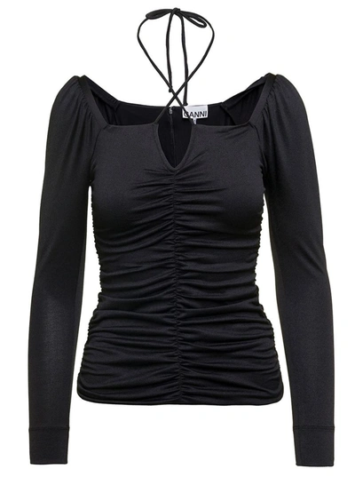 GANNI BLACK BLOUSE WITH CRISS-CROSS STRAPS AND LONG SLEEVES IN RECYCLED FABRIC WOMAN