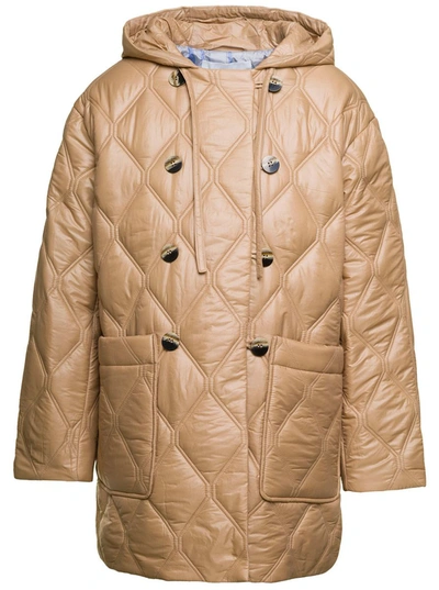 GANNI BEIGE QUILTED DOWN JACKET WITH HOOD IN RECYCLED NYLON WOMAN