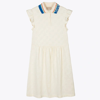 Gucci Kids' Logo-collar Jacquard-pattern Cotton-jersey Dress In White/mix