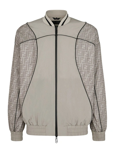 Fendi Windbreaker Nylon Bomber Jacket With Monogram In Grey