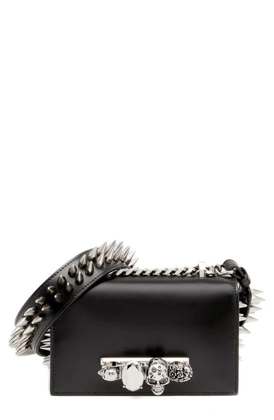 Alexander Mcqueen Shiny Croc-embossed Jeweled Shoulder Bag In 1000 Black