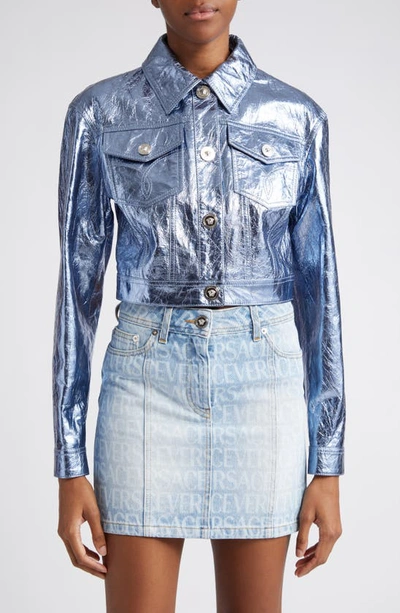 Versace X Dua Lipa Medusa Metallic Leather Crop Jacket In Lavander