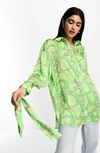 Asos Design Oversize Print Tie Cuff Satin Blouse In Light Green