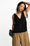 Asos Design V-neck Crinkle Tank Top With Shell Buttons In Black In Black