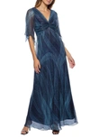 Marina Metallic Flutter Sleeve Dress In Navy/ Multi