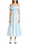 GANNI SMOCKED SEERSUCKER COLD SHOULDER TIERED DRESS