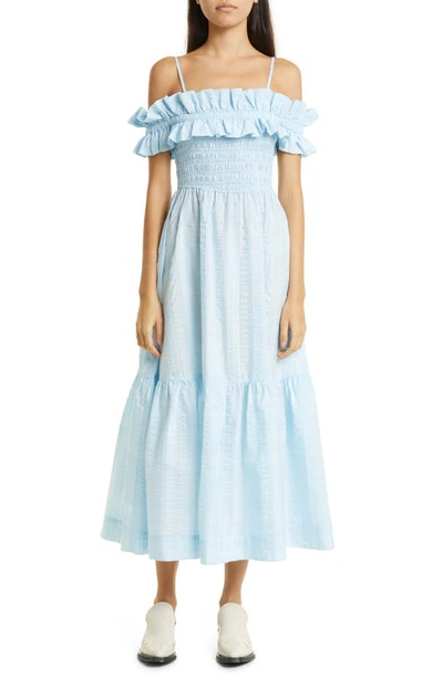 Ganni Seersucker Smocked Maxi Dress In Light Blue