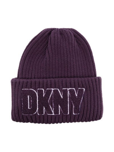 Dkny Kids' Flocked-logo Ribbed-knit Beanie In Purple