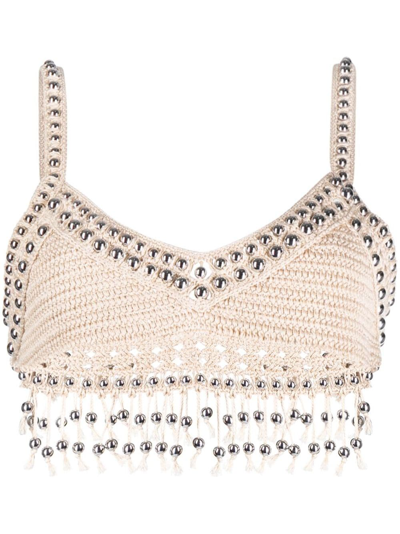 Rabanne Fringe-detailed Crochet Cotton Cropped Top In Nude & Neutrals