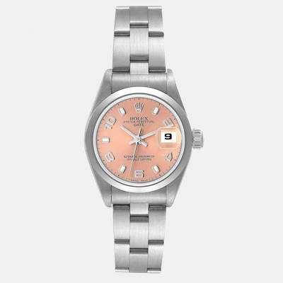 Pre-owned Rolex Salmon Stainless Steel Oyster Perpetual Date 69160 Women's Wristwatch 26 Mm In Pink