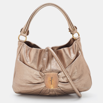 Pre-owned Ferragamo Bronze Leather Pleated Bow Hobo In Brown