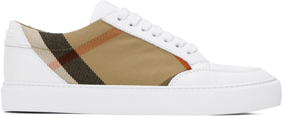 Burberry White & Tan House Sneakers In Optic White