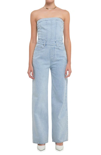 Grey Lab Strapless Corset Denim Jumpsuit In Light Blue