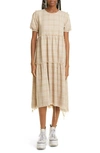R13 Shredded Relaxed Plaid Tiered Cotton Midi Dress In Khaki Overdye Plaid