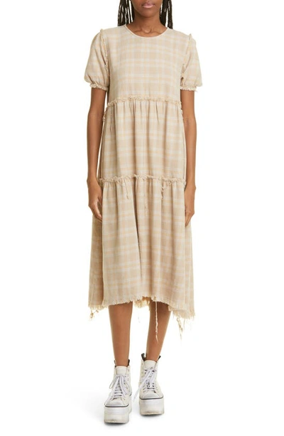 R13 Shredded Relaxed Plaid Tiered Cotton Midi Dress In Khaki Overdye Plaid