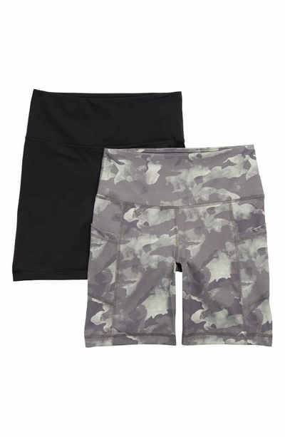 Yogalicious Set Of 2 Lux High Waist Side Pocket Bike Shorts In Tie Dye Camo Olive Black