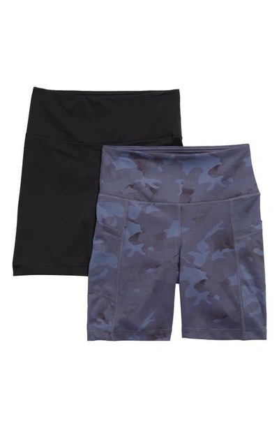 Yogalicious Set Of 2 Lux High Waist Side Pocket Bike Shorts In Tie Dye Camo Navy Black