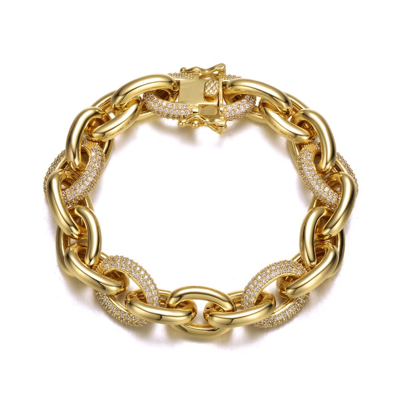 Rachel Glauber 14k Yellow Gold Plated With Cubic Zirconia Chunky Tubular Oval Cable Chain Bracelet In Gold-tone
