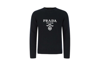 Pre-owned Prada Intarsia Logo Knit Crew-neck Sweater Black