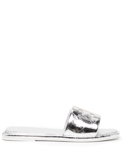 Tory Burch Double T Leather Slides In Silver