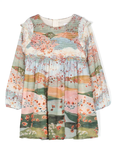 Chloé Kids' Graphic-print Long-sleeve Dress In Green