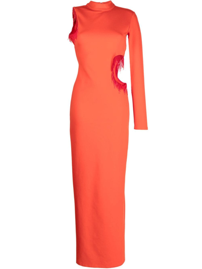 Staud Kirsten Beaded Fringed Cutout Crepe Maxi Dress In Tomatenrot