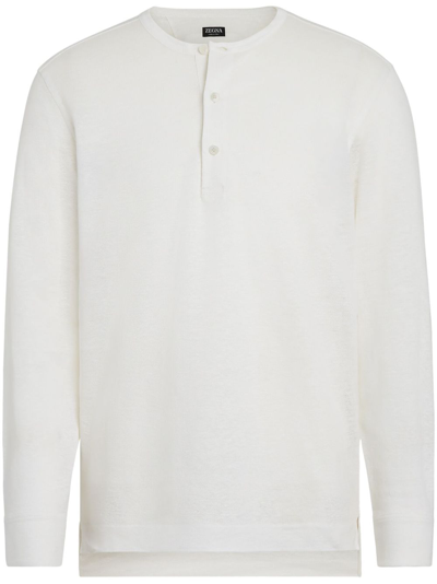 Zegna Henley Collarless Linen Polo Shirt In White