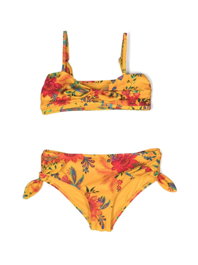 Zimmermann Kids' Ginger Floral-print Tie Bikini Set In Yellow