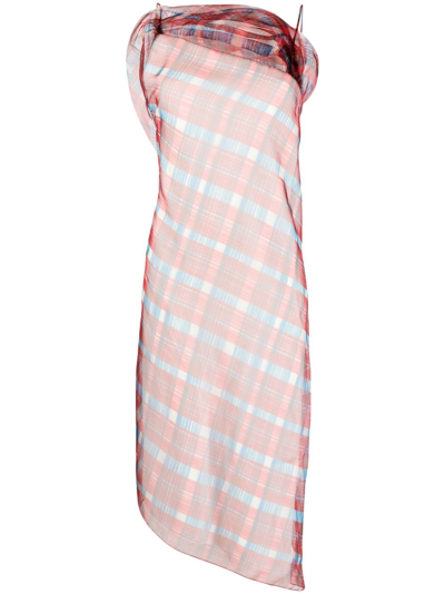 Ferragamo Gathered Checked Organza Midi Dress In Red