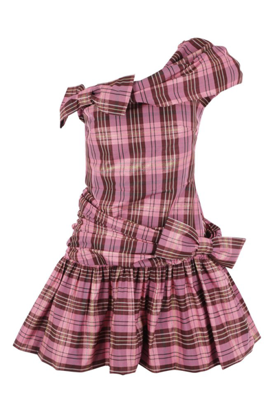 Molly Goddard Dimitria One-shoulder Bow-detailed Checked Metallic Woven Mini Dress In Pink
