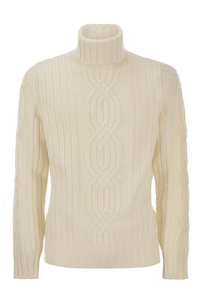 Brunello Cucinelli Braided Cashmere Turtleneck Sweater In White