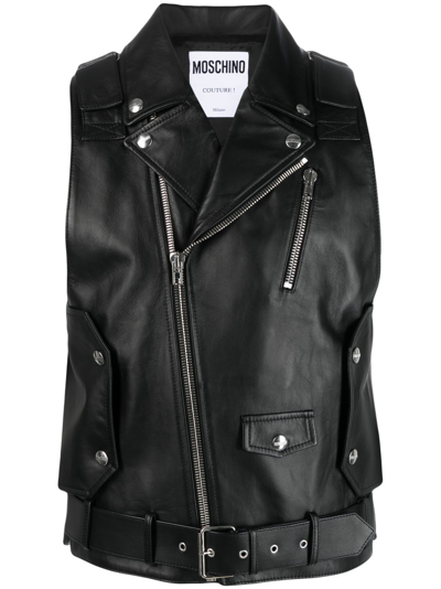 Moschino Leather Biker Waistcoat In Black