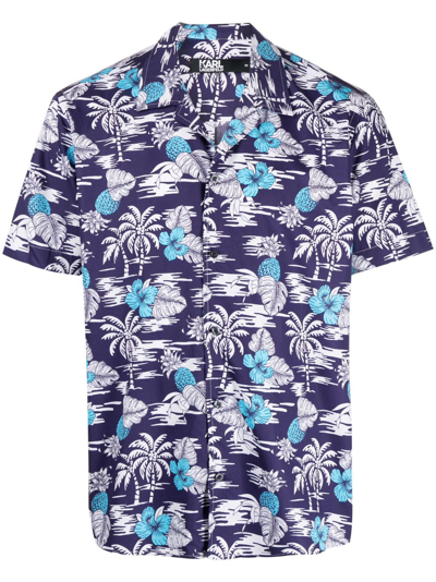 Karl Lagerfeld Palm Tree-print Cotton Shirt In Blau