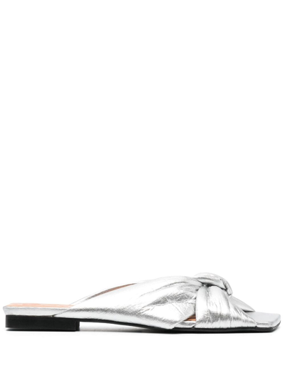 Ganni Silver Soft Knot Flat Mules In Silber
