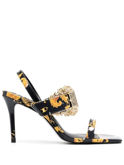 Versace Jeans Couture Baroque-print 85mm Square-toe Sandals In Eg89 Black + Gold