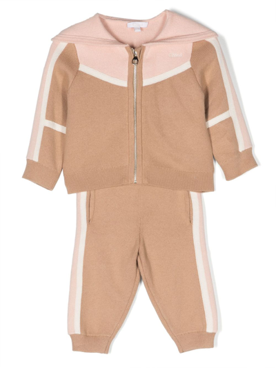 Chloé Babies' Logo-embroidered Knitted Set Of Two Tracksuit In Brown