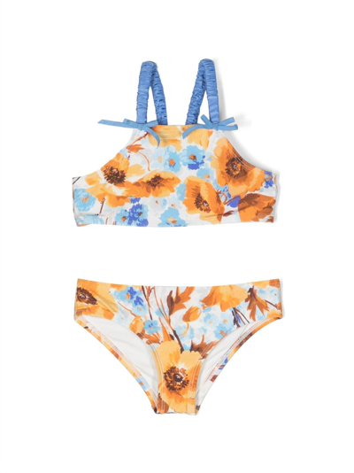 Zimmermann Kids' Halcyon Floral Bikini In Orange/blue Floral