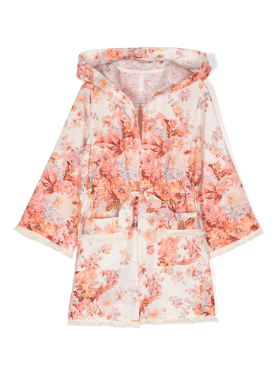 Zimmermann Kids' Floral-print Frayed-edge Robe In Neutrals