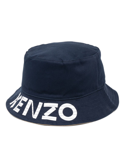 Kenzo Logo Print Reversible Bucket Hat In Blue